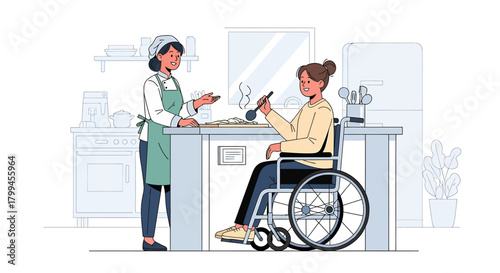Illustration of a woman in a wheelchair cooking with assistance in a kitchen.
