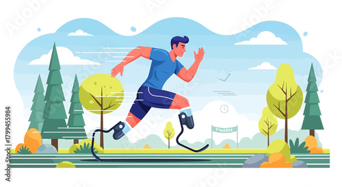 Male para-athlete with prosthetic running blades competing in an outdoor race through a park.
