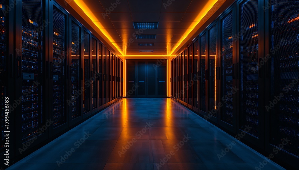 Fototapeta premium Futuristic Data Center Interior with Orange Ambient Lighting Effects
