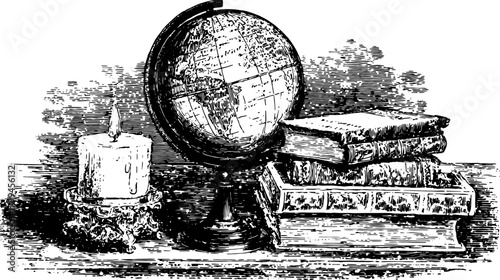 Antique engraving of a globe, candle, and books. Vintage illustration set depicting a classic study scene in vector format.