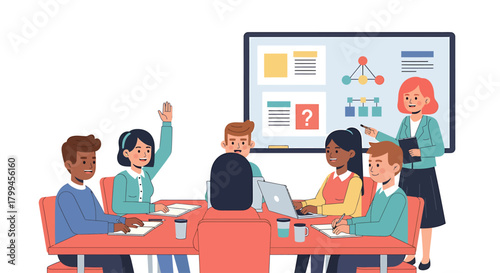 A team of diverse individuals engaged in a collaborative meeting, discussing ideas and strategies around a table.