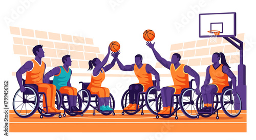 Wheelchair basketball team illustration with players in action, ready to shoot.