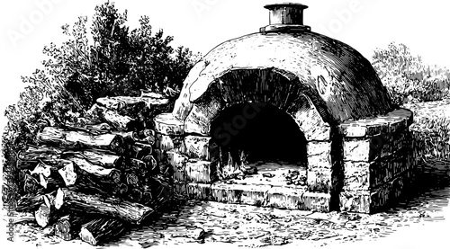 Vintage oven with a rustic stone structure and woodpile. Detailed vector illustration showcasing black outline and hand-drawn style.
