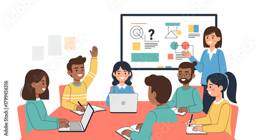 A diverse group of students and a teacher in a classroom setting, engaged in a lesson with a whiteboard and laptops.