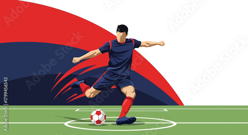 Soccer player kicking ball on green field.