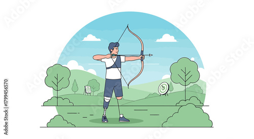 An athlete with a prosthetic leg practicing archery in a park on a sunny day.