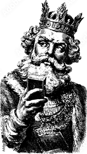 King with a crown and beard in a hand-drawn silhouette style. Antique engraving vector illustration representing historical royalty.