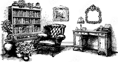 Vintage room with furniture including a chair, desk, and bookshelf. Hand-drawn vector illustration depicting decorative elements and plants in a classic style.