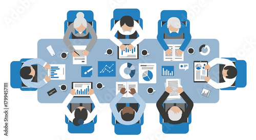 Overhead illustration of a diverse business team collaborating in a boardroom meeting with charts and devices.