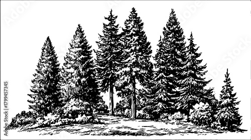 Outline drawing of a dense forest featuring tall trees in black and white. This vector illustration captures the natural beauty in an artistic style.