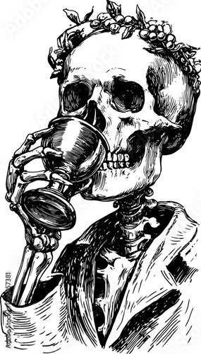 Skeleton holding a cup in vintage engraving style. Detailed black and white outline vector illustration of a character adorned with a crown.