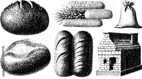 Vector illustration of a set of breads, including loaves and a sack of wheat. Simple black and white graphic showcasing bakery elements.