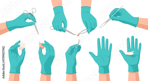 Collection of hands wearing surgical gloves holding various medical instruments and objects, illustrating medical procedures.