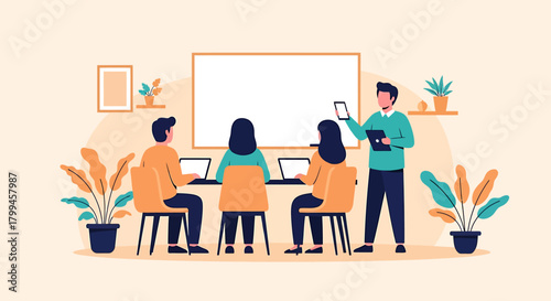 A teacher or presenter stands before a group of students or employees using laptops in a modern classroom or office setting.