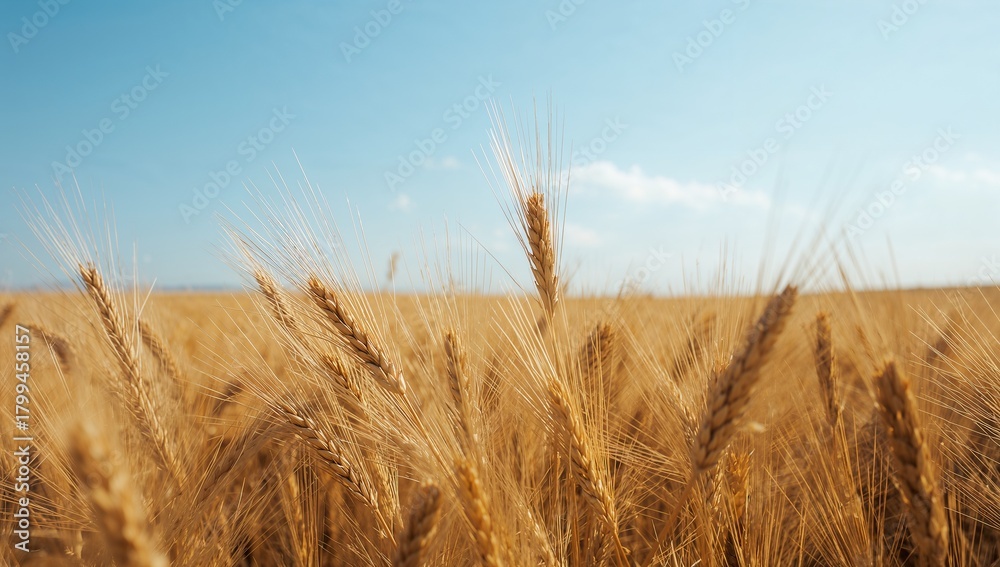 Fototapeta premium Golden Wheat Field Under Clear Blue Sky on a Sunny Day