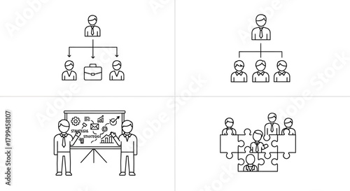 Line art icons depicting business organization, teamwork, and strategic planning concepts in a corporate setting.