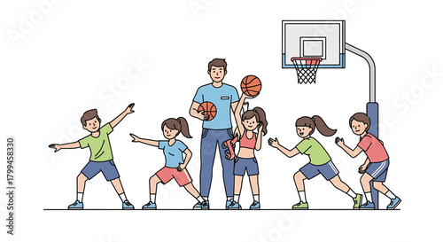 A male coach stands with a group of children playing basketball on a court with a hoop.
