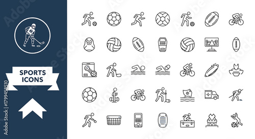 Collection of various sports icons and symbols, including athletes, equipment, and related elements, presented in a clean line art style.