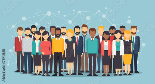 A diverse group of men and women standing together, representing community, teamwork, and professional networking.