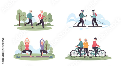 Elderly couples enjoying various outdoor recreational activities like running, skiing, yoga, and cycling, promoting active senior lifestyles.