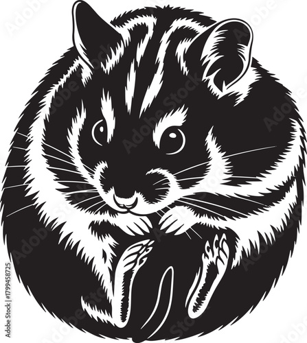 Black and white vector illustration of a small, curled-up rodent, resembling a cute hamster or mouse, with detailed fur textures and expressive eyes, isolated on a clean background.