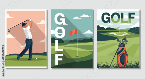 Three golf-themed illustrations showcasing a golfer, a flag, and a golf course with equipment.