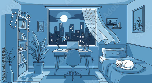 Cozy blue bedroom with a cat sleeping on the bed and a city view at night.