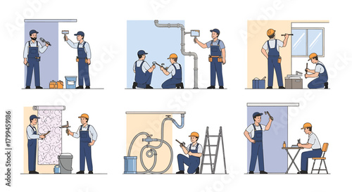 Illustrations depicting various home renovation and repair tasks performed by skilled workers.