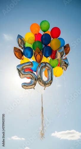 Colorful balloons with silver number 50 against a blue sky background