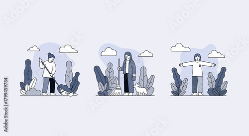 Three illustrations depicting a person engaged in cleaning activities and enjoying nature with a dog.