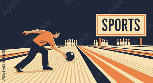 Illustration of a bowler throwing a bowling ball down a lane.