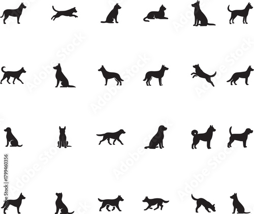 Dog Silhouette Collection in Various Poses - Vector Icons Set