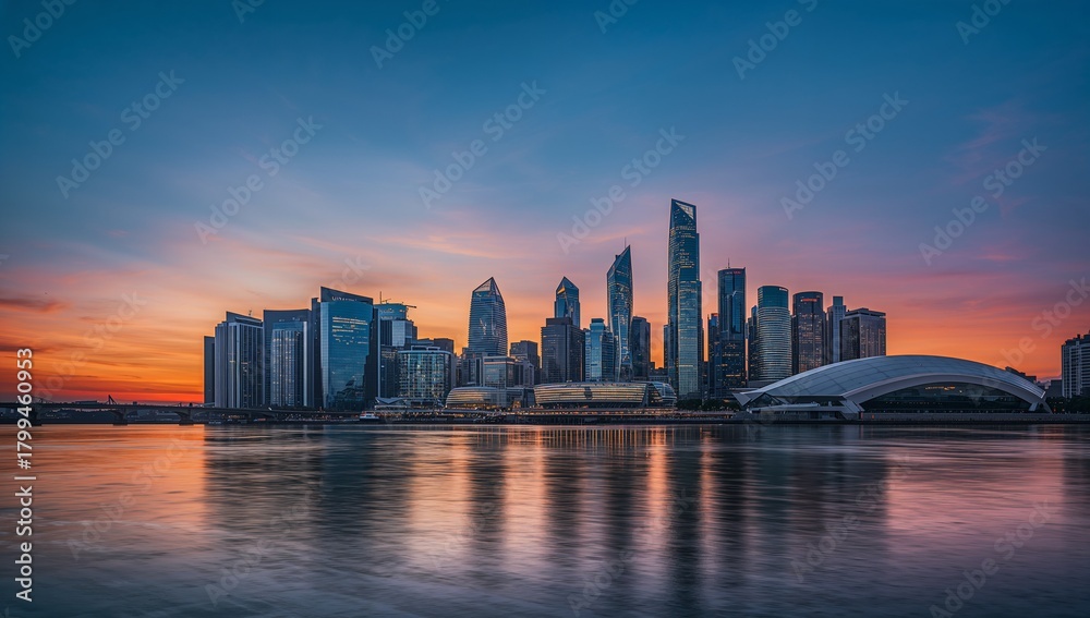 Fototapeta premium Stunning Sunset Over Modern City Skyline with Reflections in Water