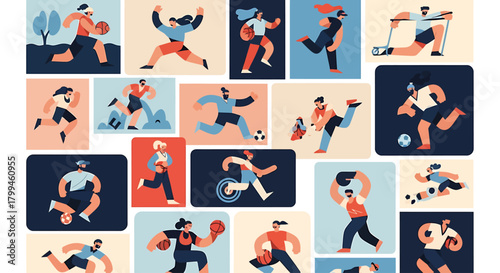 Vibrant collage of diverse athletes participating in various sports activities in a modern flat illustration style.