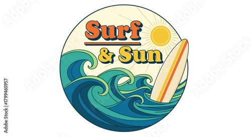 Surf & Sun logo with waves, surfboard, and sun in a retro style.