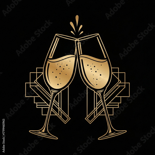 Art Deco Champagne Flutes Toast - Gold Geometric Vector