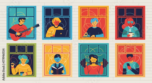 Illustration depicting people engaged in various activities, each framed within a window.