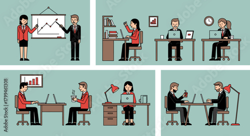 A collection of flat design vector illustrations showing various scenes of people working in a modern office environment.