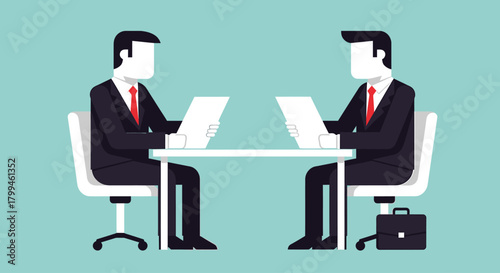 Two businessmen sitting at a table, reviewing documents, in a professional business meeting.