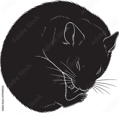 Black and white cute cat vector illustration drawing sketch design with domestic kitten pet head and tail silhouette