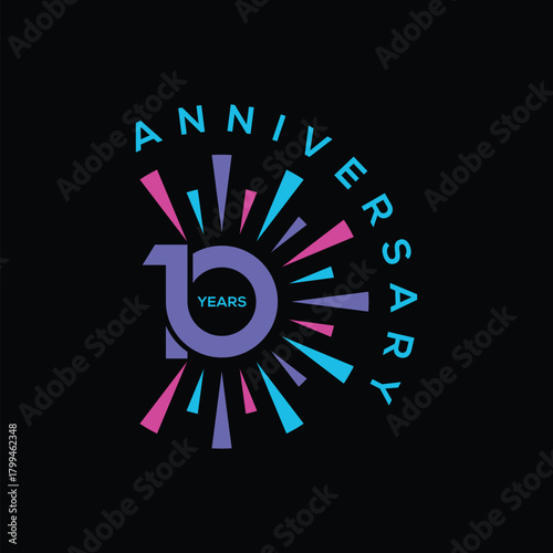 10 Years Anniversary with fireworks logo design vector. Unique 10 years logo design graphics. In colorful.