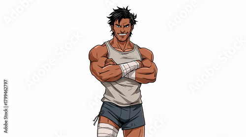 Confident man with wrapped foot and wrist posing with crossed arms strength concept