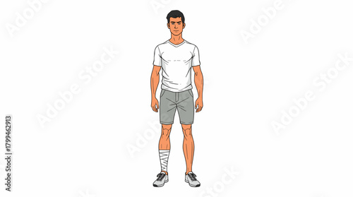 Young man with wrapped lower leg in casual shorts standing on white backdrop recovery concept