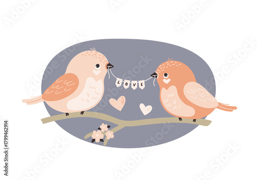 Two cartoon birds on a branch holding a banner with the word "love." Vector flat style illustration of a pair of birds. Valentine's Day and romance concept.