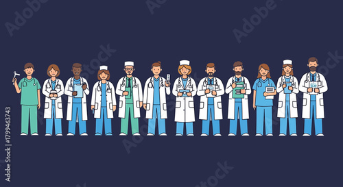 A dedicated and diverse team of essential healthcare professionals, including doctors, nurses, and medical staff, stands united and ready to provide vital care and support to the community