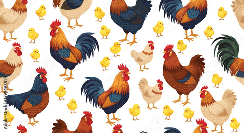 Colorful rooster and chicken pattern on white background.