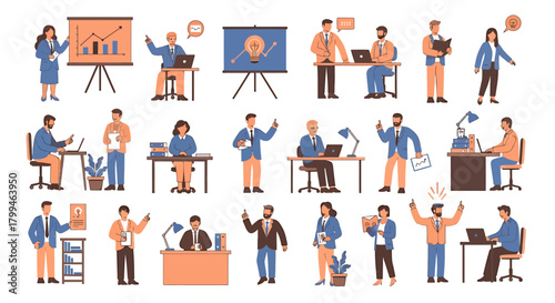 A diverse collection of flat design business characters illustrating corporate workflow, office scenes, and professional teamwork