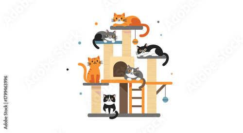 Cats on a cat tree playful and resting colorful illustration.