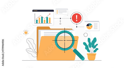 Illustration of a folder with a magnifying glass, charts, and an alert symbol, representing data analysis.