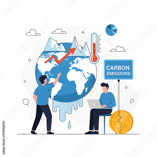 Vector illustration depicting the concept of climate change, with a melting Earth, rising temperatures, and the impact of carbon emissions.